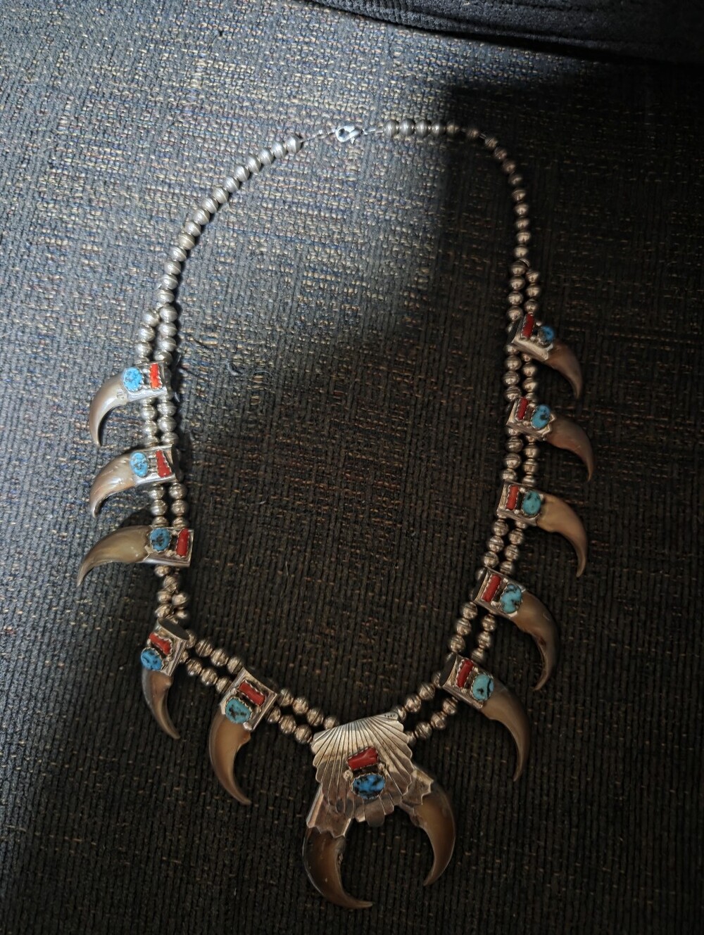 Navajo Vintage Turquoise Squash Blossom Claw, Bear Necklace Unique 1970s Necklac